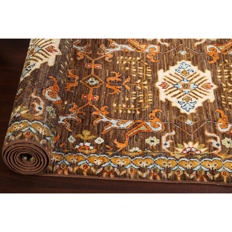 Tapis de couloir brun en laine noué à la main de conception unique 2 pi 8 po x 9 pi 11 po Luciean
