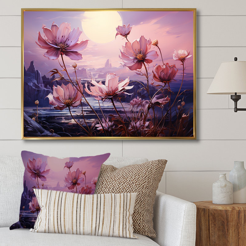 Harmonious Violet Flowers Field II sur impression sur toile, Cadre flottant doré, H 16 po x l 32 po x P 0,5 po