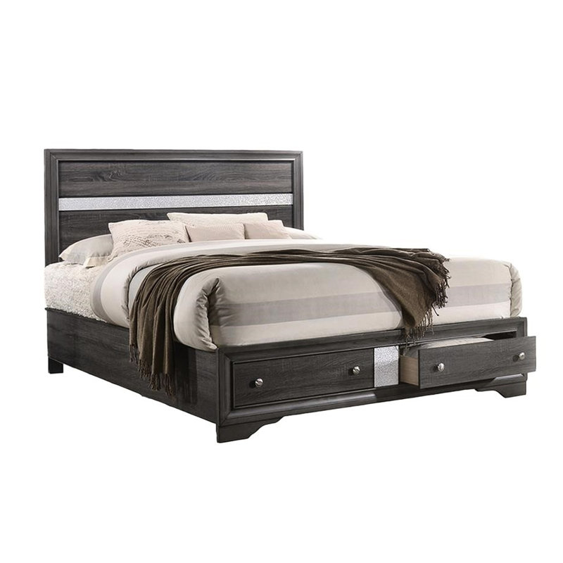 Lit de rangement gris traditionnel pour chambre double - Bois d'ingénierie et fonction pratique avec confort