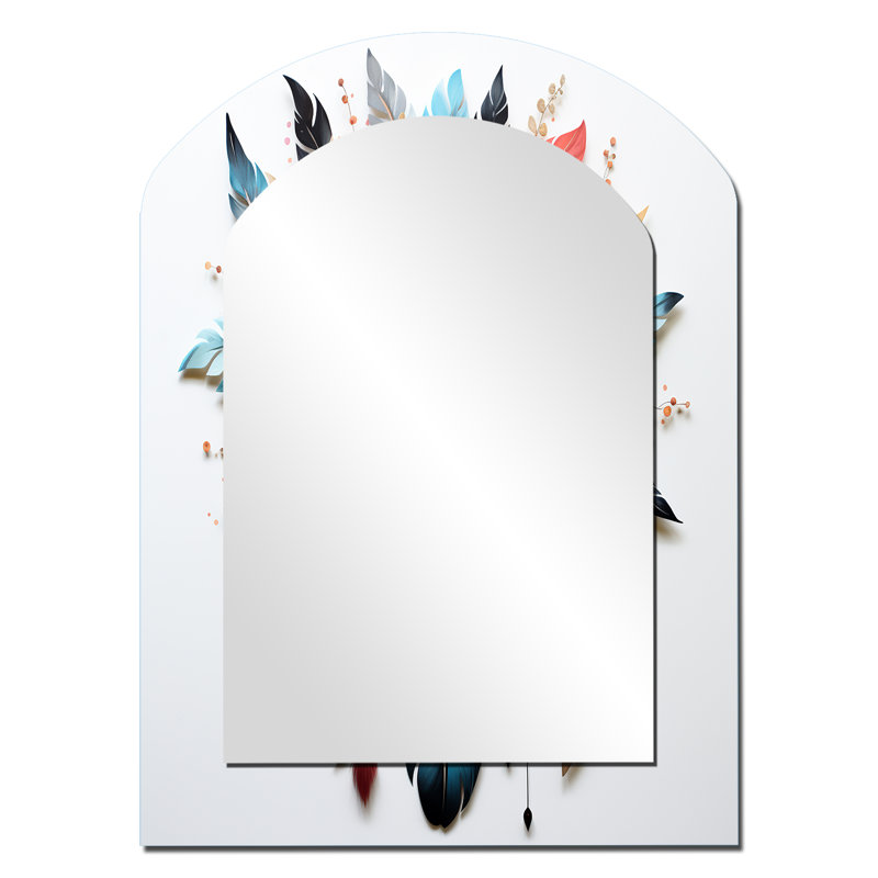 Fleurs orange bohème orange et plumes bleues I - Miroir décoratif en métal Spiritual Arch, 34 po x 25 po