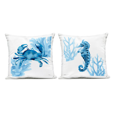 Crab & Seahorse with Coral 2 Piece Outdoor Printed Pillow Set, design by Cat Thurman Designs