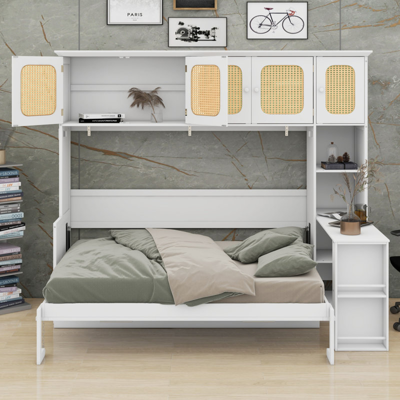Lit escamotable Mid-Century avec bureau et armoires de rangement en rotin, Warm White