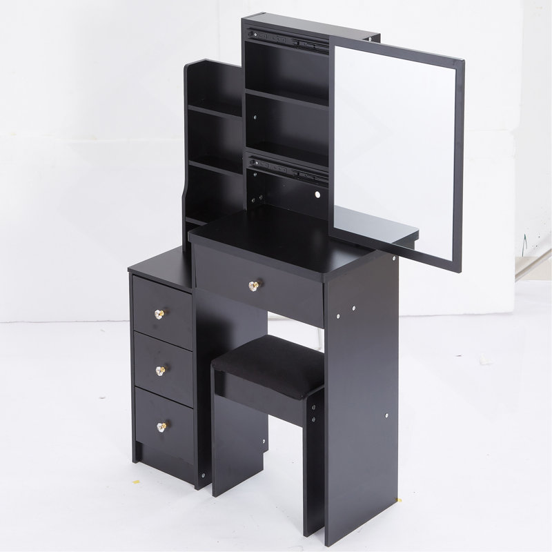 Compact And Stylish Bedside Cabinet Set With Extra Large Mirror And High Capacity Storage, Black