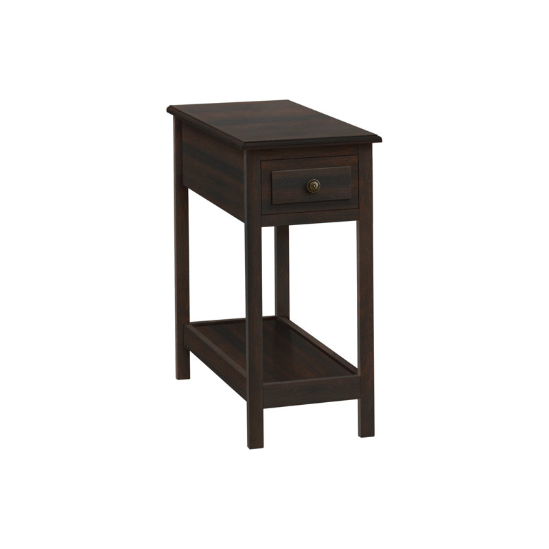 Table d'appoint, 2 niveaux, table de bout, table de bout, étroite, table de chevet, chambre à coucher, tiroir de rangement, lampe, placage brun, transitionnel