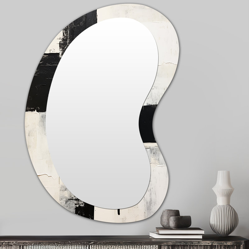 Fritzgerald, l'autre côté, noir et blanc abstrait I - peinture abstraite, miroir décoratif de forme irrégulière, miroir mural asymétrique noir, impression d'art en métal