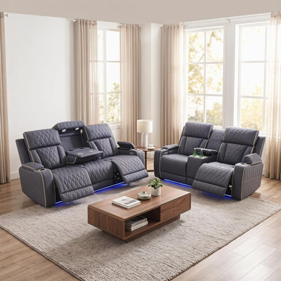 Ensemble de canapé inclinable électrique 2 pièces avec lumières DEL, ensemble de mobilier de salon inclinable électrique avec causeuse et fauteuil, ensemble de canapé inclinable en cuir avec chargement USB / porte-gobelets / rangement, bleu gris