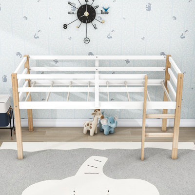 Twin Wood Loft Bed With Ladder And Guardrails, Low-Height Design