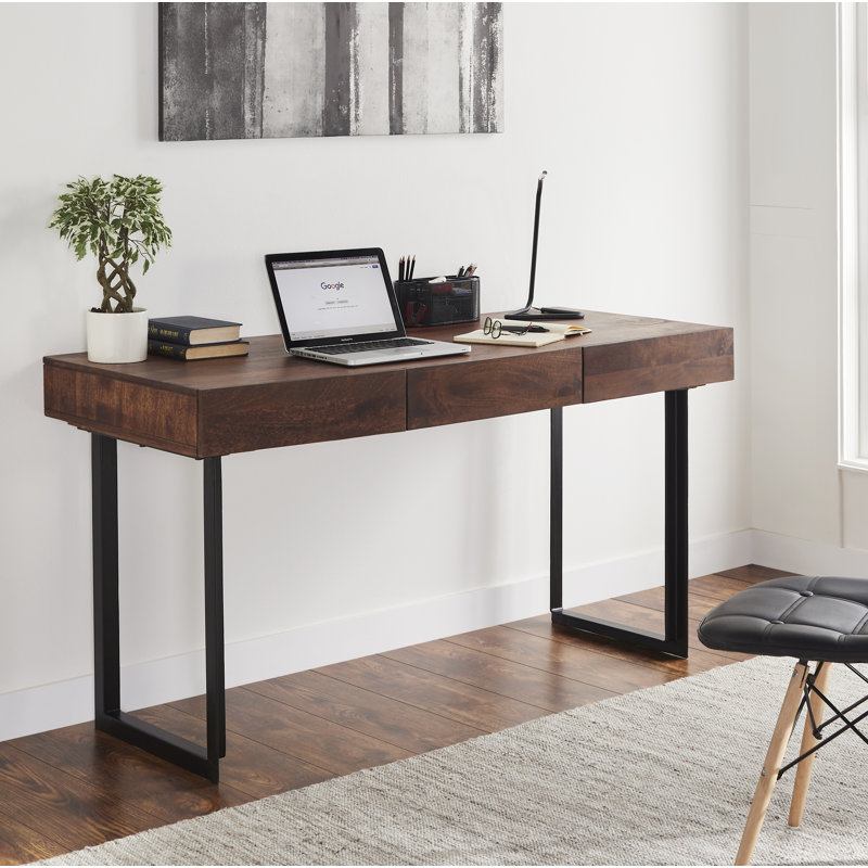 Mullins Solid Wood Iron Writing Desk, Matte Warm Walnut