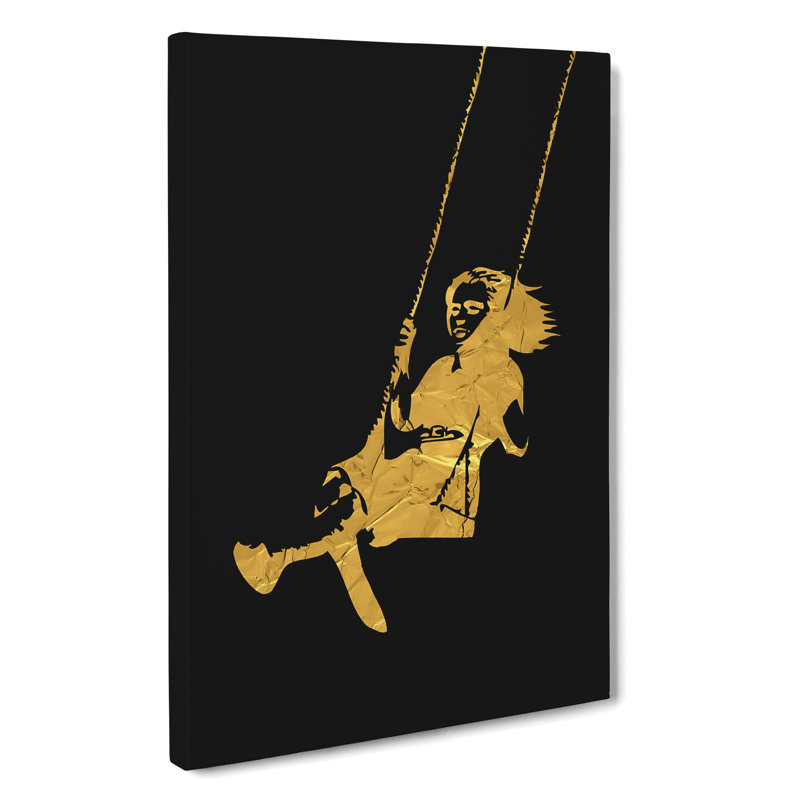 Banksy In Gold Girl On Swing - Wrapped Canvas Print, 76cm H x 50cm W x 3cm D