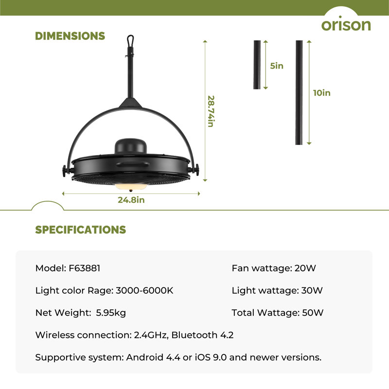 24.8" Ebern Designs Outdoor Ceiling Fan With Light 360-degree Manual Vertical Rotation - Waterproof, Black