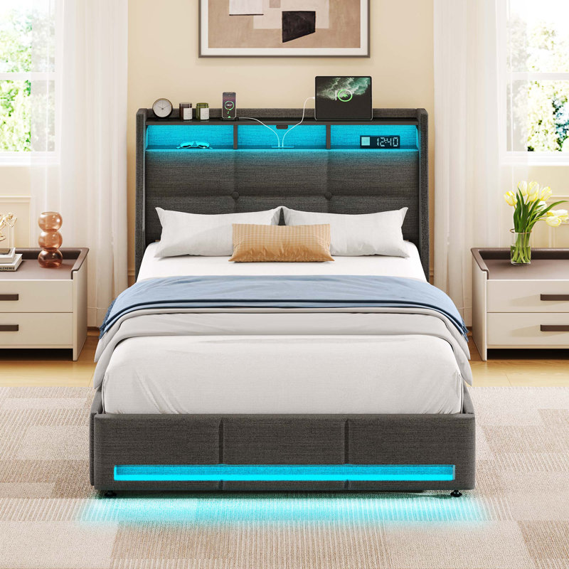 Upholstered Platform Bed Frame with Wingback Headboard, LED Lights & 4 Storage Drawers, Black, Twin/Single, With Drawers