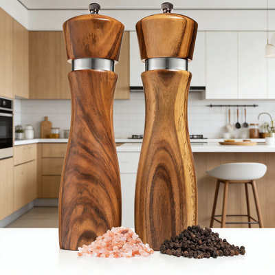 Refillable Salt And Pepper Grinder Set With Adjustable Coarseness, Solid Acacia Wood Construction And Ceramic Stainless Steel Core, 8-Inch Mills