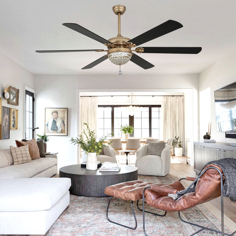 Landria 65" Tiffany Dimmable Crystal Ceiling Fan with LED Light and Remote, Gold with Black Blades