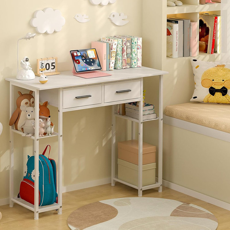 Bureau d'ordinateur blanc avec tiroirs blanc, bureau de travail à domicile de 37,3 pouces avec tablette de rangement