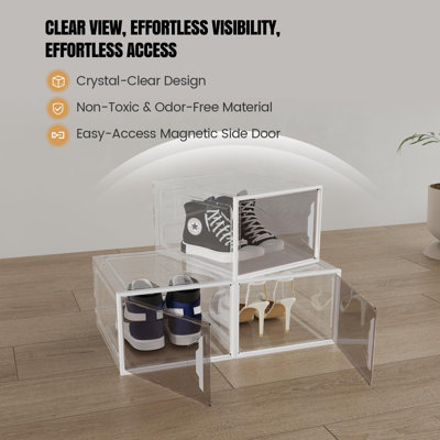 Shoe Storage Box Organizer, Clear Thicken Stackable Plastic Shoe Boxes with Magnetic Door, Sturdy Shoe Containers for Sneakers Boots, Easy to Assemble