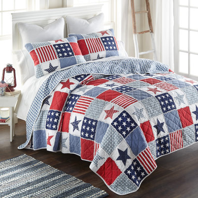  Donna Sharp Star & Stripe 3PC Queen Ragged Pieced Cotton Patriotic Quilt Set