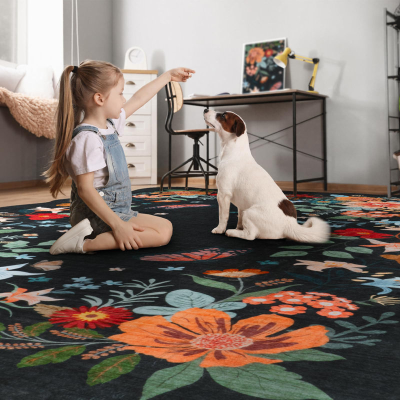 Tapis ultra-fin à motif floral Kaldi Boho, Rectangulaire 8 pi x 10 pi