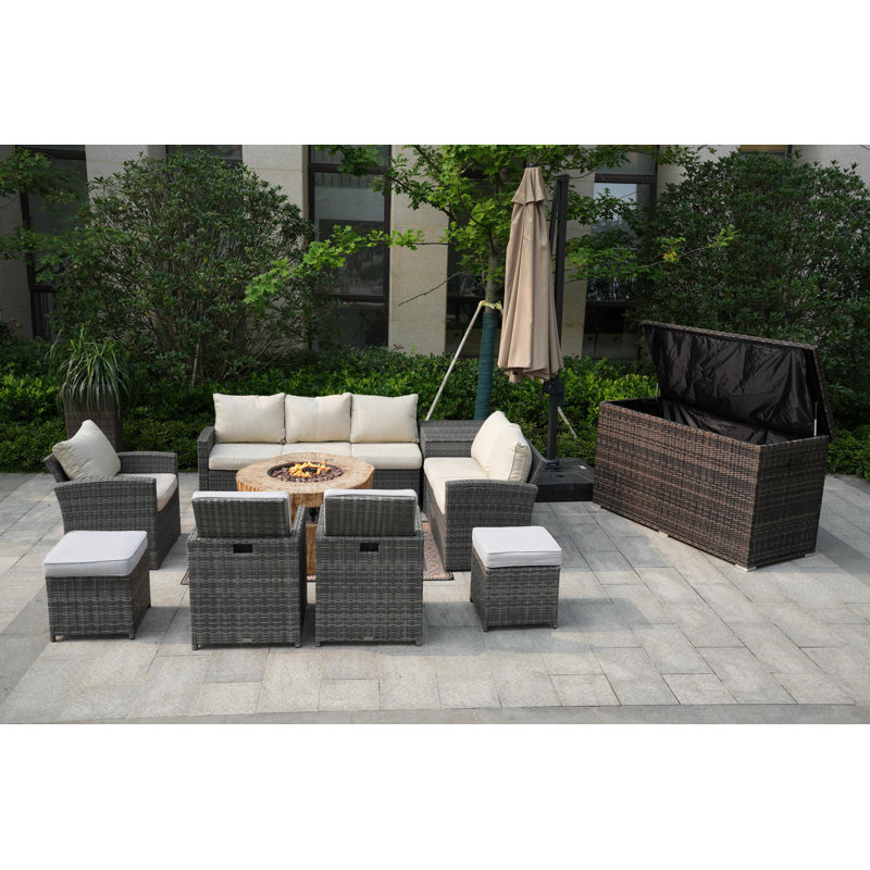 10 - Person Patio Conversation Set with Cushions, Beige/Gray, Gray