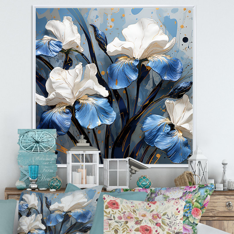 «Blue and White Garden Of Irises I», reproduction sur toile, Cadre flottant blanc, H 24 po x l 24 po x P 1 po