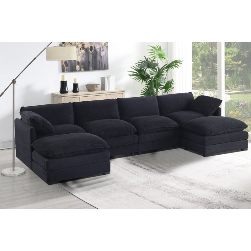 6 - Piece 140" U Shape Sectional Sofa Cloud Couch With Removable Ottomans, Black Corduroy
