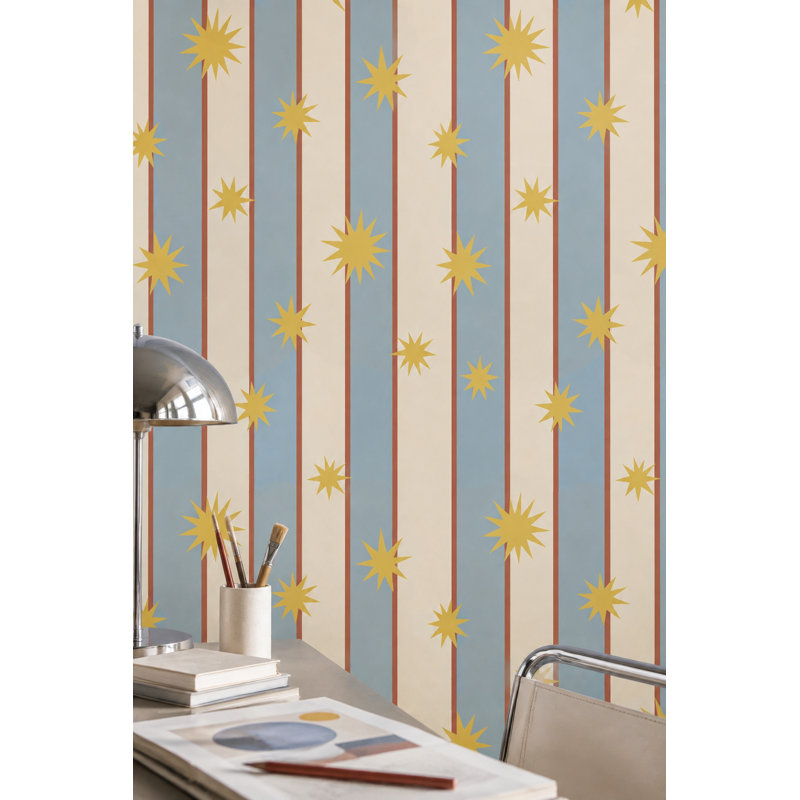 Papier peint à rayures étoilées, style moderne du milieu du siècle, panneaux bleus et crème, Peler et coller