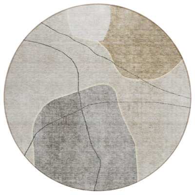 8' Brown Round Abstract Washable Indoor Outdoor Area Rug
