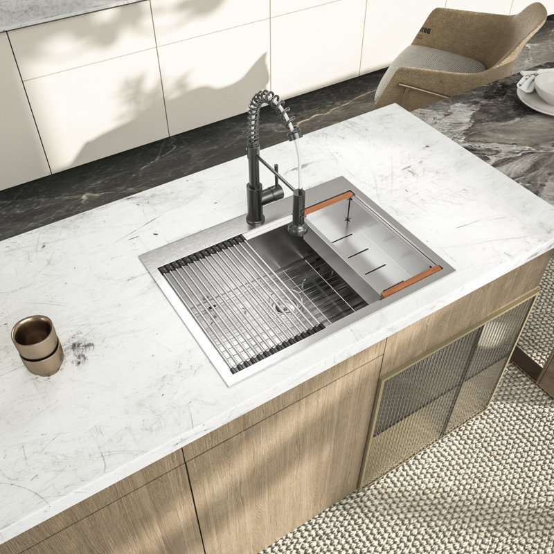 30'' L x 22'' W Stainless Steel Drop-In Single Bowl Workstation Kitchen Sink with Sink Grid, Cutting Board, Strainer, Colander and Roll-up Rack