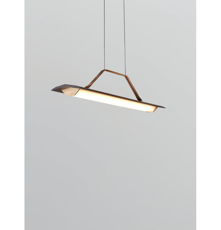 Penna Linear LED Pendant, 7.7" H x 64.5" W x 2.3" D, 2700K Warm White Bulb Temp, 277V, Brass/ Dark Walnut