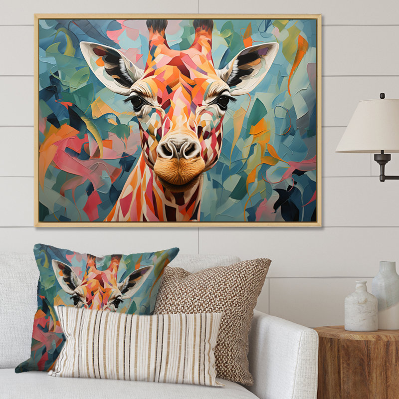 Portrait de girafe orange et vert - Art mural girafe, Cadre flottant blanc, H 24 po x l 32 po x P 1 po