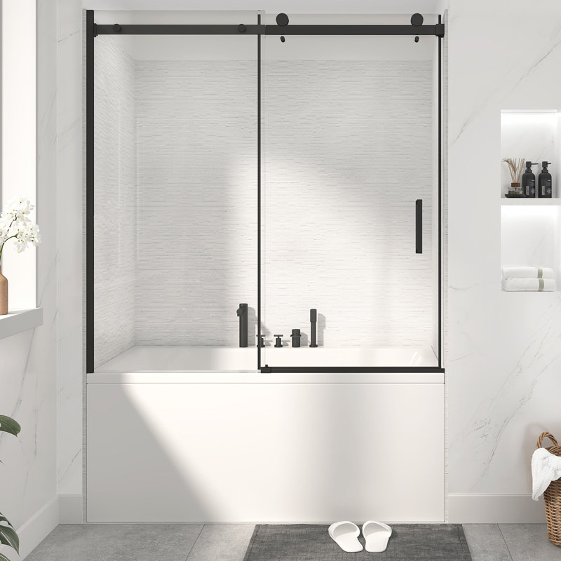 Porte de baignoire coulissante simple sans cadre à verre rapide de 3/8 po de l 56 po x H 60 po à assemblage rapide, Noir