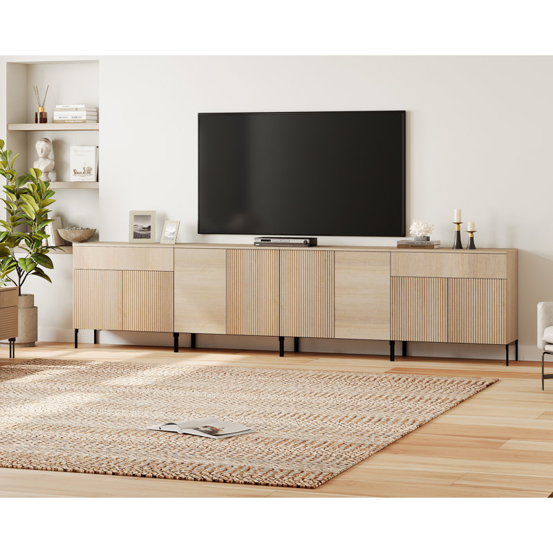 Meuble télé de 126 po de long avec commode moderne pour téléviseur de 120 po ou moins, station de divertissement avec station de charge, console de télévision en bois avec rangement pour le salon
