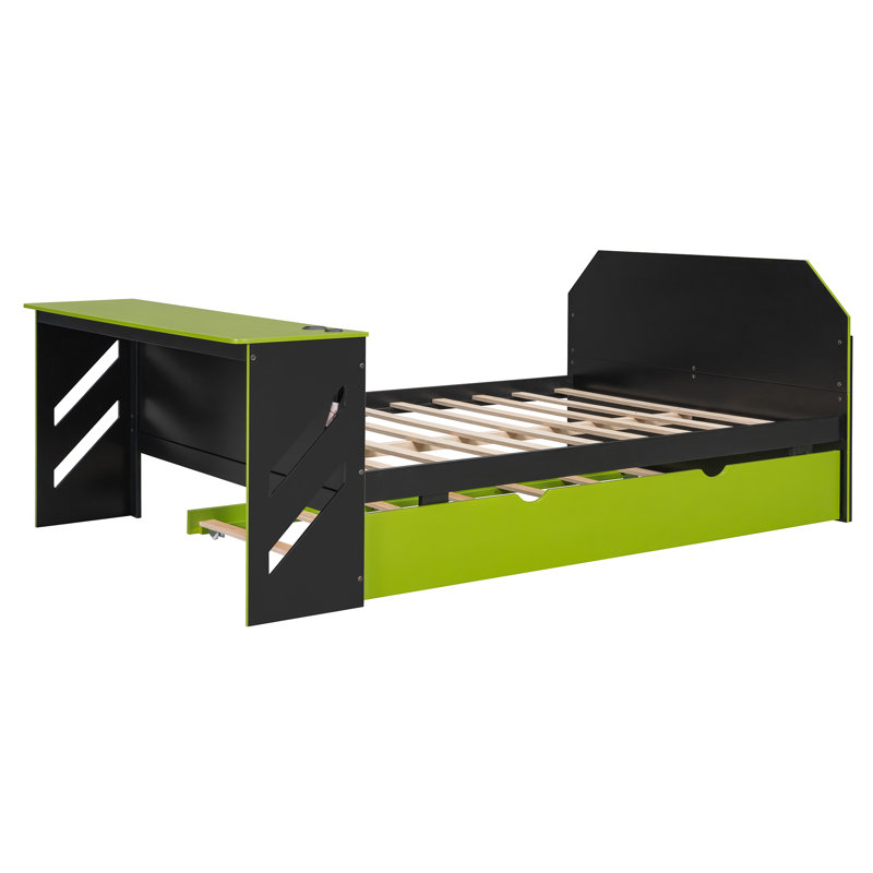 Full Size Wood Daybed with Twin Trundle, Built-In Desk & USB Ports – Green Kids & Teens Bedroom Furniture, Green