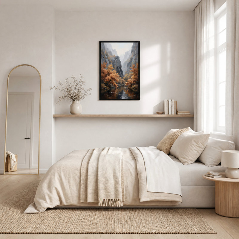Arbres d'automne se reflétant dans une rivière de canyon brumeux - Tableau sur toile, H 30 po x l 20 po