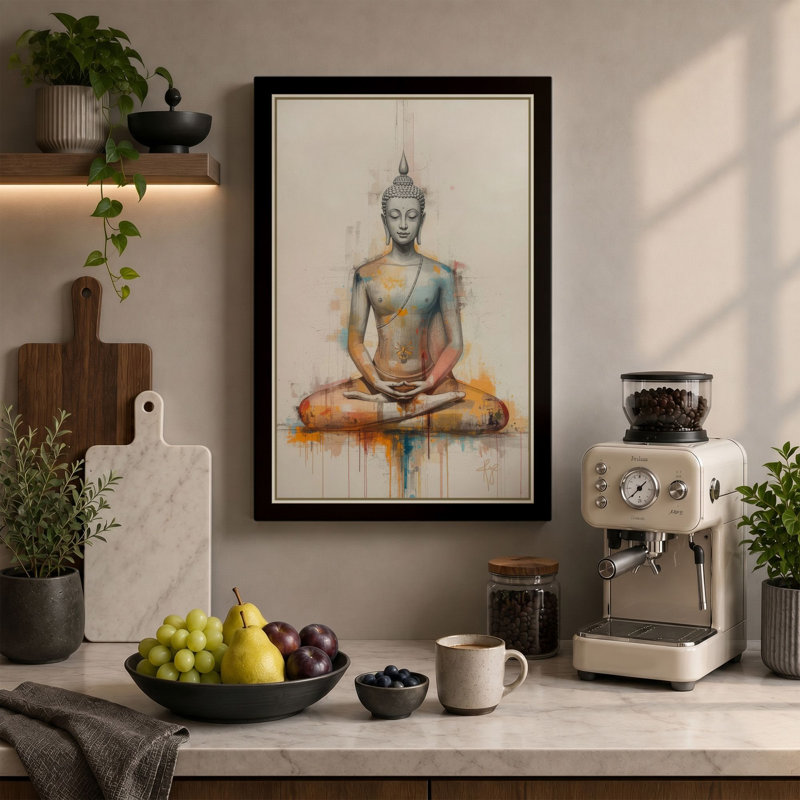 Meditating Buddha Japandi - Wrapped Canvas, 36x24 - 91.4 x 61.0 cm, Black Border