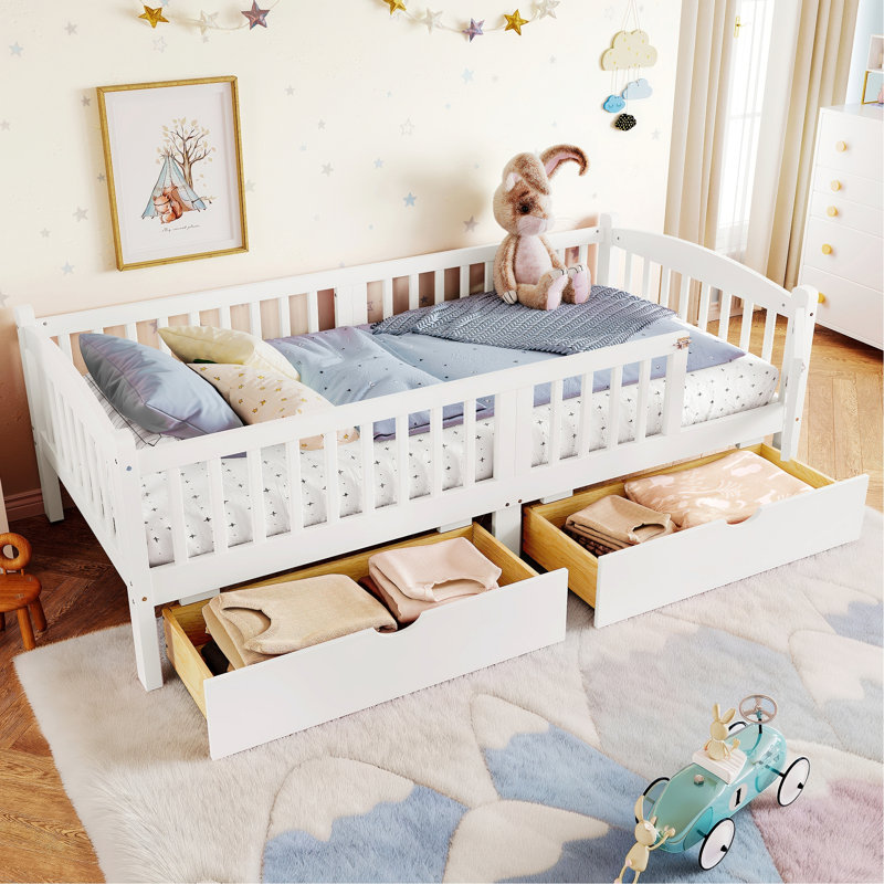Platform Bed With Full-Length Guardrails, Platform Bed With Storage Drawers, Lit jumeau extra long, White