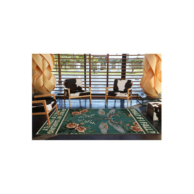 Green Toned Flying Butterfly Motif Patterned Modern Decorative Washable Rug
