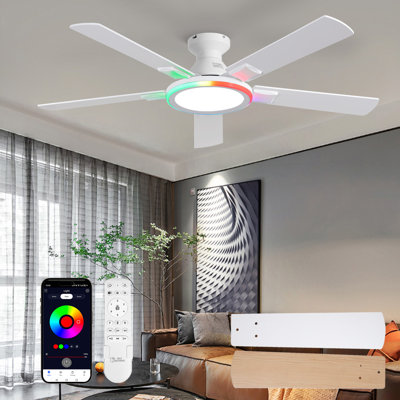 52-inch RGB Smart Ceiling Fan with Lighting and Built-in Speakers Supports APP/Remote Control Operation Features 6-Speed Quiet Reversible Motor Dimmable LED Lighting Ideal for Bedrooms and Living Rooms