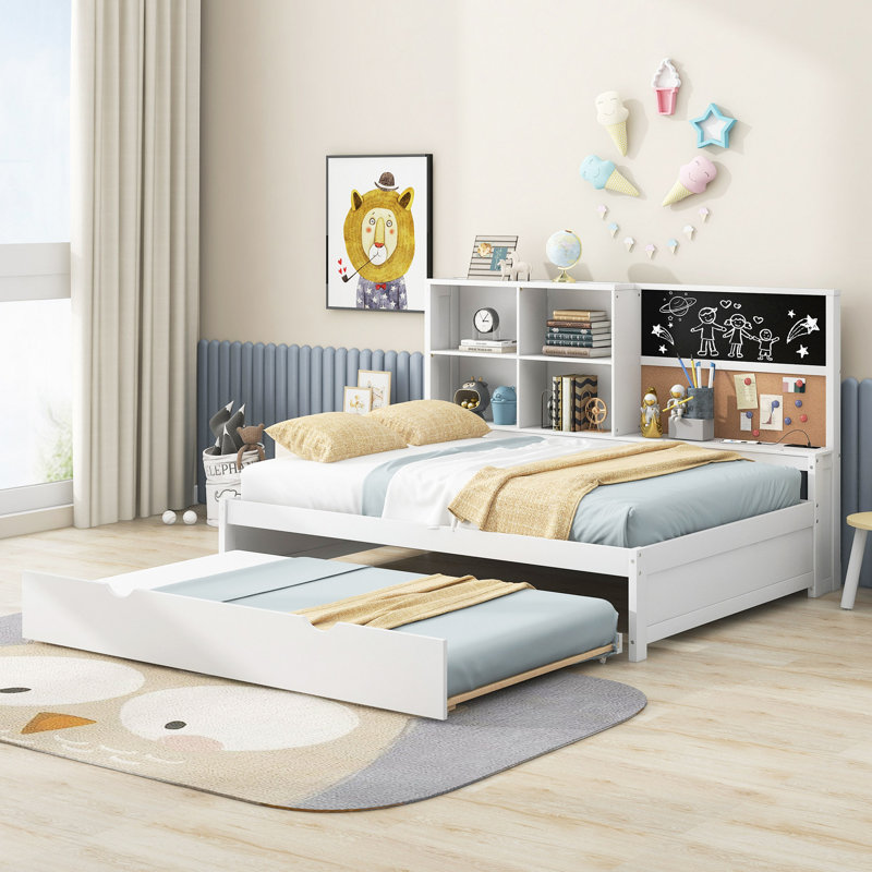 Lit de jour avec tablettes de rangement, tableau noir, tableau de liège, ports USB et lit gigogne, Complet/Double