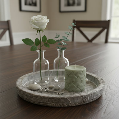 Farmhouse Round Candle Tray, Vintage White Wood, Gray & Beige, Tabletop Holiday Decoration
