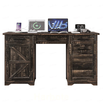 Bureau de direction 55 po avec station de charge et prise de courant, bureau d'ordinateur personnel avec 5 tiroirs et armoire, table de travail en bois rustique avec tiroir classeur
