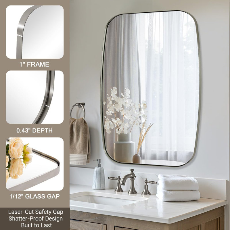 Miroir de salle de bain ovale moderne | Cadre en acier inoxydable, Nickel brossé, 40 po x 30 po