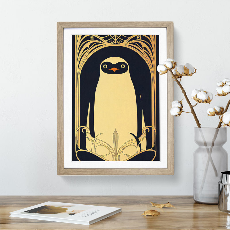 Art Deco Penguin - Wall Art, 34cm H x 25cm W x 2cm D, Oak Frame