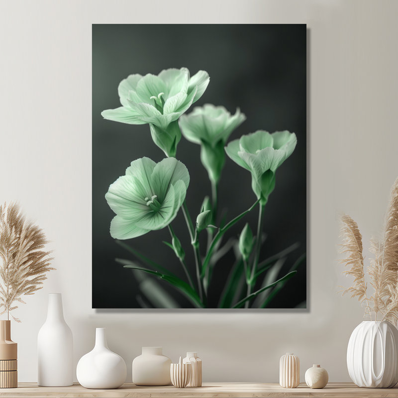 «Monocrhome Green Greey Romantic Carnations Glow», reproduction d'art mural, Toile tendue, H 32 po x l 16 po x P 1 po