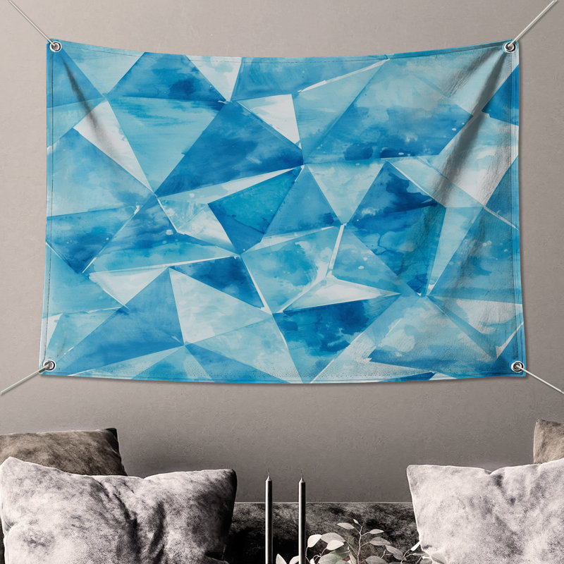 Tapisserie murale triangles géométriques bleues - Décoration murale triangles, H 50 po x l 60 po avec 4 œillets