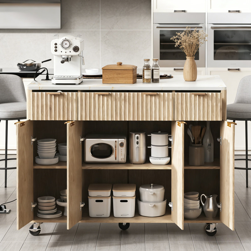 White 55.5" Rolling Fluted Kitchen Island, Nature/White