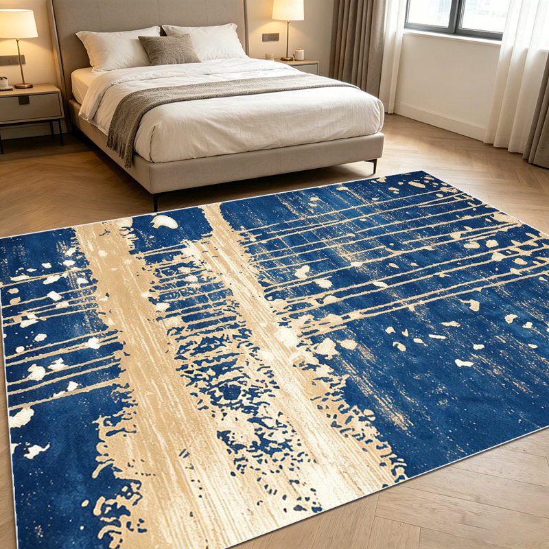 1PC Distressed Navy Blue Tan Striped Abstract area rugs for Living Room, Soft and Comfortable, Suitable for all seasons, easy-to-maintain, machine washable Indoor floor mat, Under Table Farmhouse suitable for dining table, coffee table, entryway,