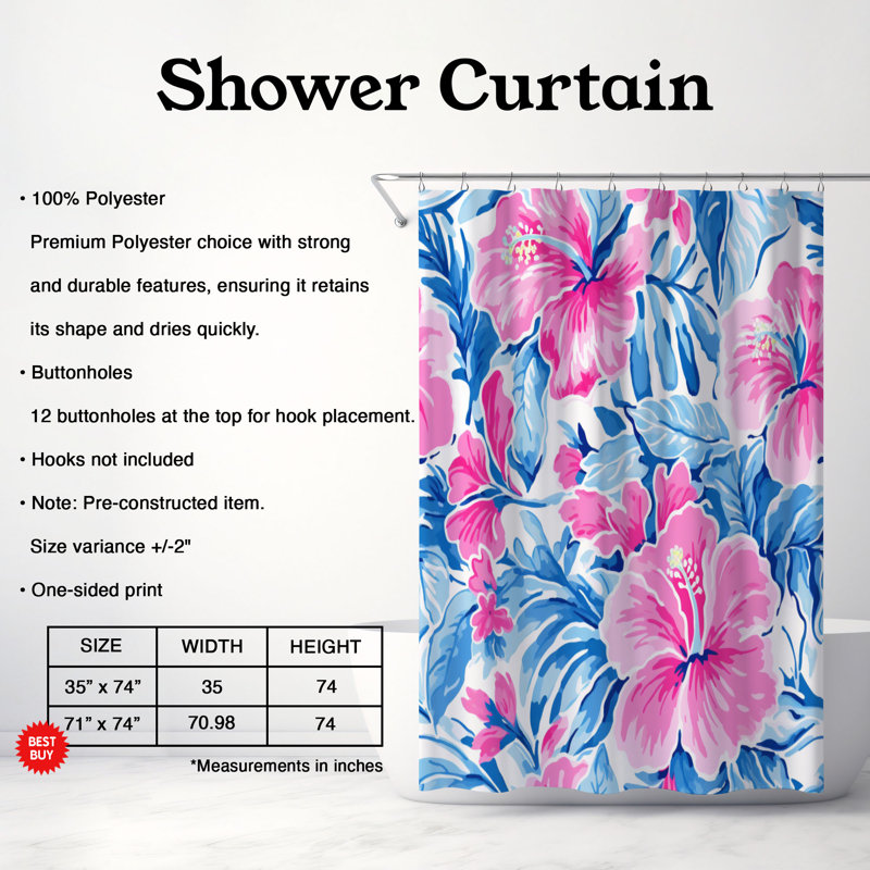 Rideau de douche standard 1 pièce Hibiscus, H 74 po x l 71 po