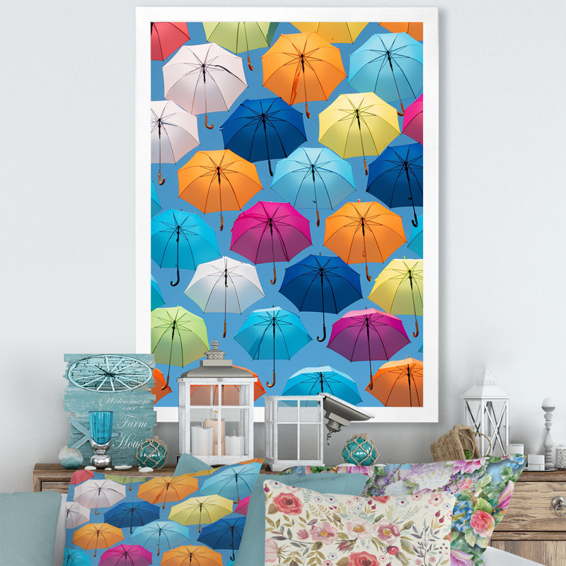 «Rainbow Umbrellas Collage II», reproduction sur toile, Cadre photo blanc, H 32 po x l 16 po x P 1 po