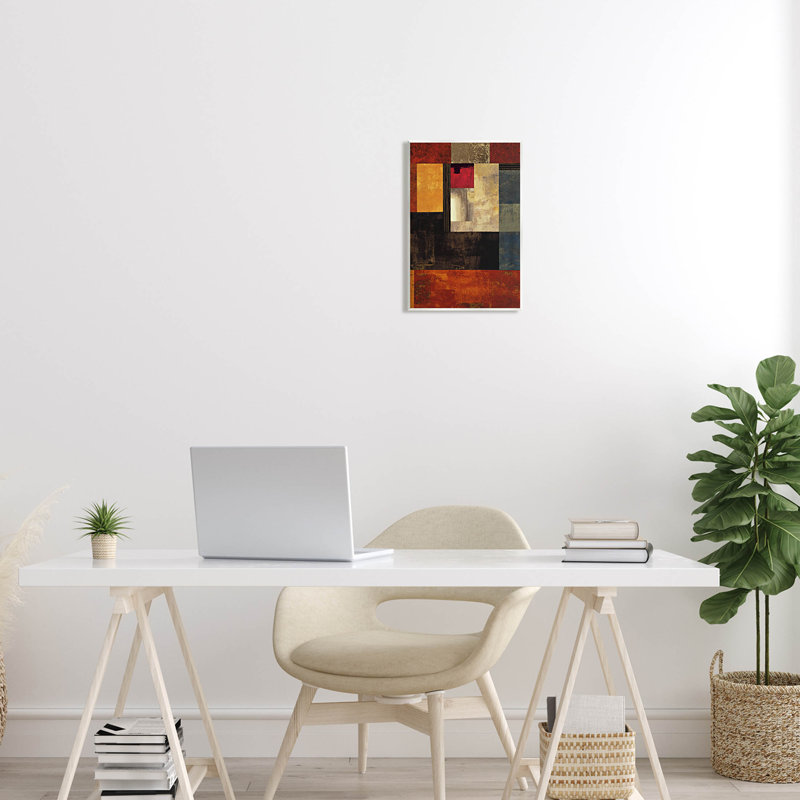 «Rich Red Geometric Squares», art mural sur toile par Chris Donovan, H 15 po x l 10 po x P 0,5 po, Bois