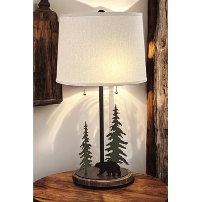Rugged Pine Iron Bear and Tree Lamp w/ Rough Sawn Base and 2 Bulb Socket